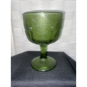 Vintage FTD 1975 Green Glass Oak Leaf Goblet Candy Dish Vase